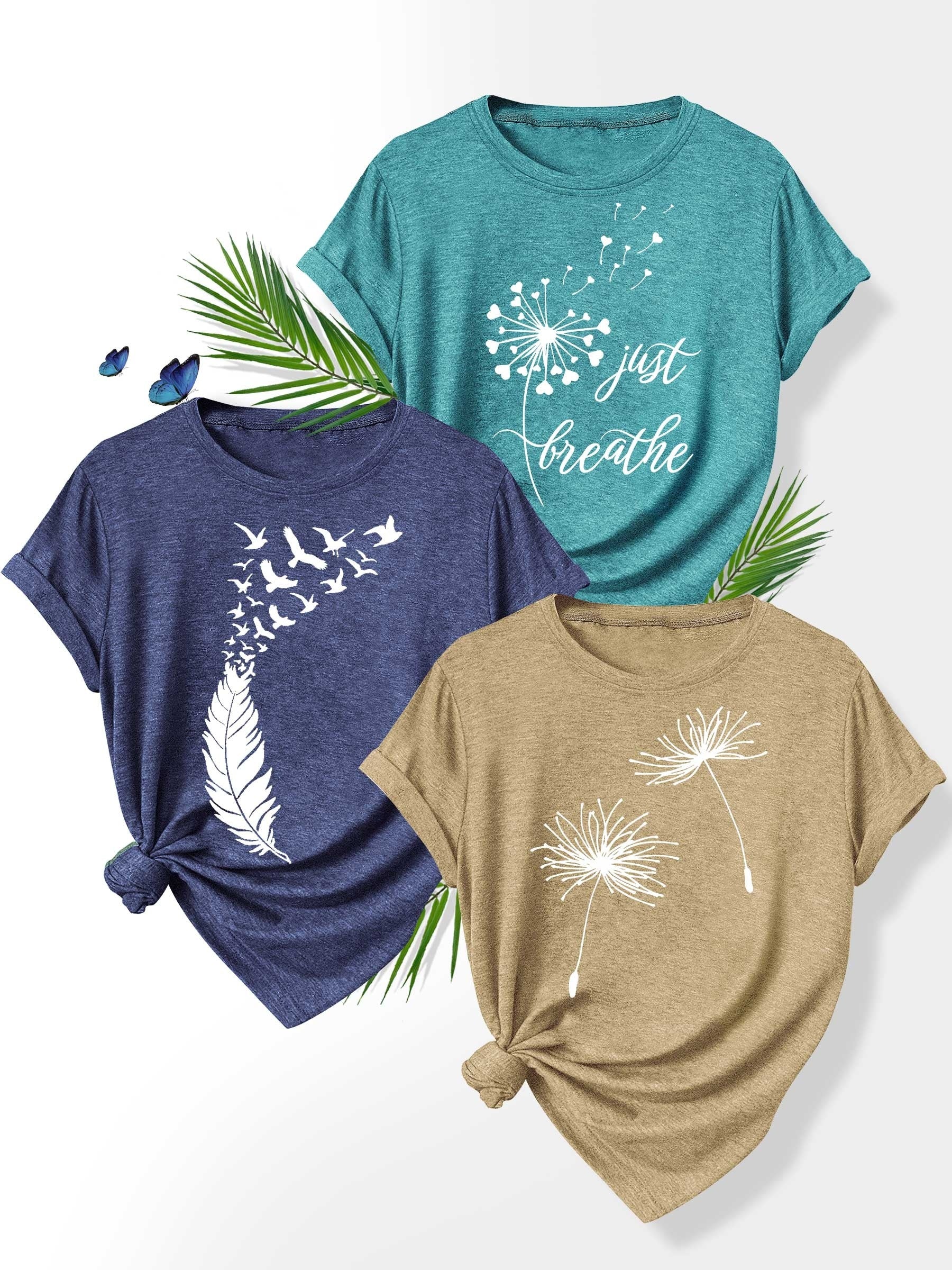 [Summer Floral Tees] 3pcs Set Soft Polyester Blend Floral Print T-Shirts for Women | Casual Summer Short Sleeve Crew Neck Tees, Dandelion, Rose, and Bee Design, Sizes S-XXL, Perfect for Casual Attire, Casual Summer Wear