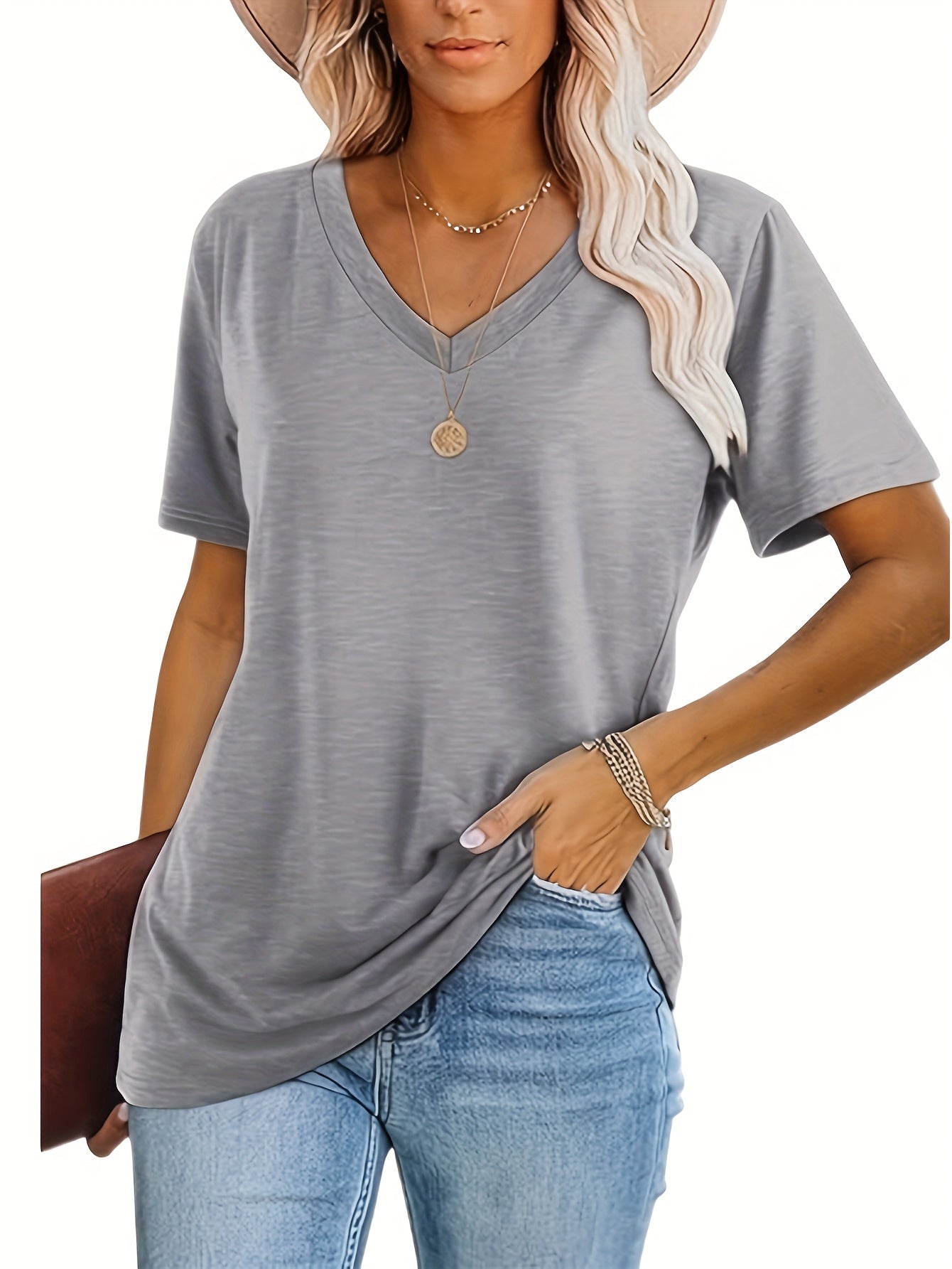 [Soft T-Shirts] 3pcs Soft Breathable Women's Casual V-Neck T-Shirts | Relaxed Fit Short Sleeve Tops in Black/White/Grey, Machine Washable, Versatile Casual Attire, Allseason Apparel, Minimalist Fashion, Comfortable Clothing