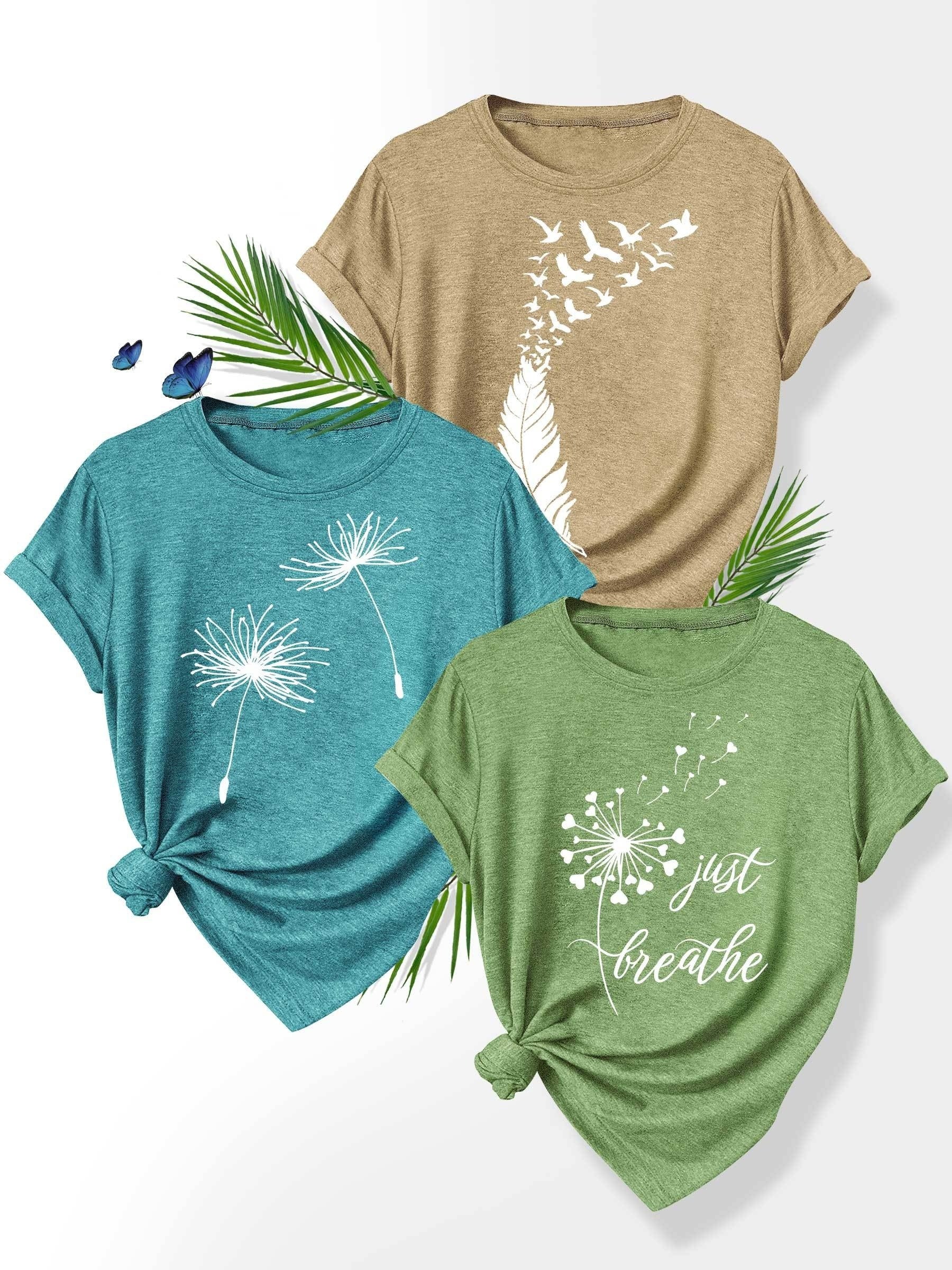 [Summer Floral Tees] 3pcs Set Soft Polyester Blend Floral Print T-Shirts for Women | Casual Summer Short Sleeve Crew Neck Tees, Dandelion, Rose, and Bee Design, Sizes S-XXL, Perfect for Casual Attire, Casual Summer Wear