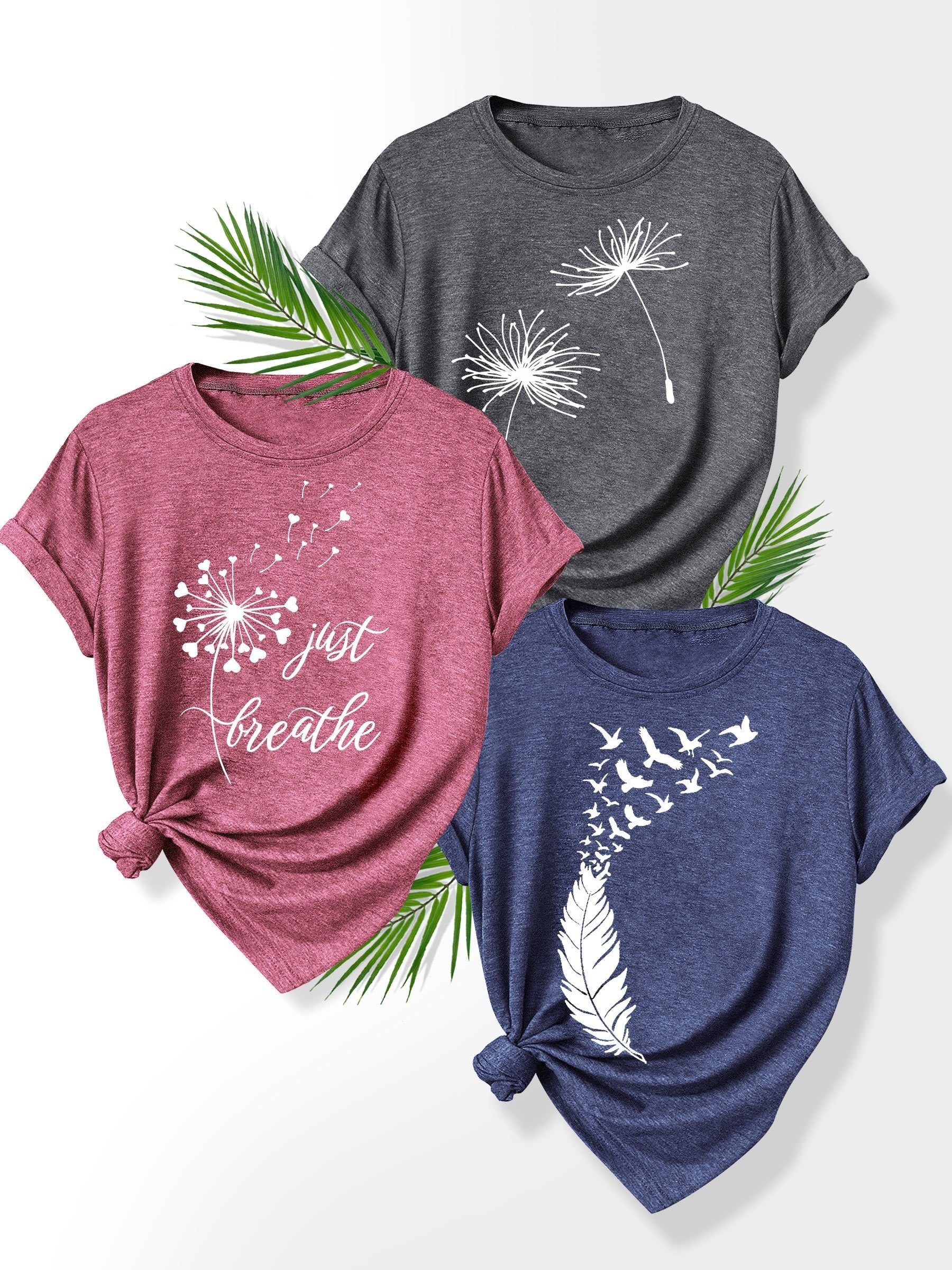 [Summer Floral Tees] 3pcs Set Soft Polyester Blend Floral Print T-Shirts for Women | Casual Summer Short Sleeve Crew Neck Tees, Dandelion, Rose, and Bee Design, Sizes S-XXL, Perfect for Casual Attire, Casual Summer Wear