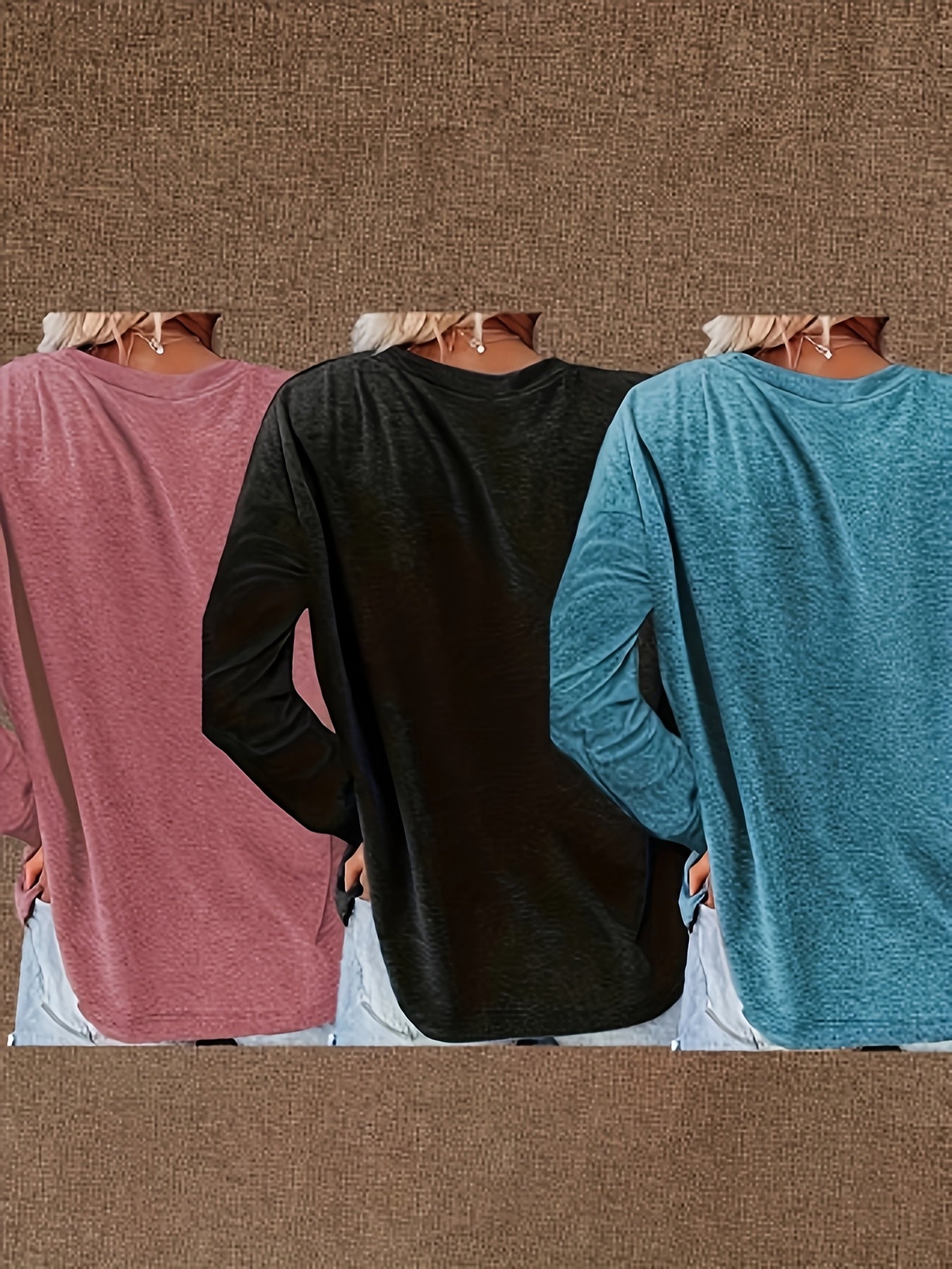 [Casual Long Sleeve T-Shirts] 3pcs Women's Casual Long Sleeve T-Shirts | Geometric Print, Relaxed Fit Round Neck, Machine Washable, Spring & Fall Essential Tops in Pink, Teal & Black for Casual Attire & Home Comfort, Versatile Playful Graphic Tee, Durable
