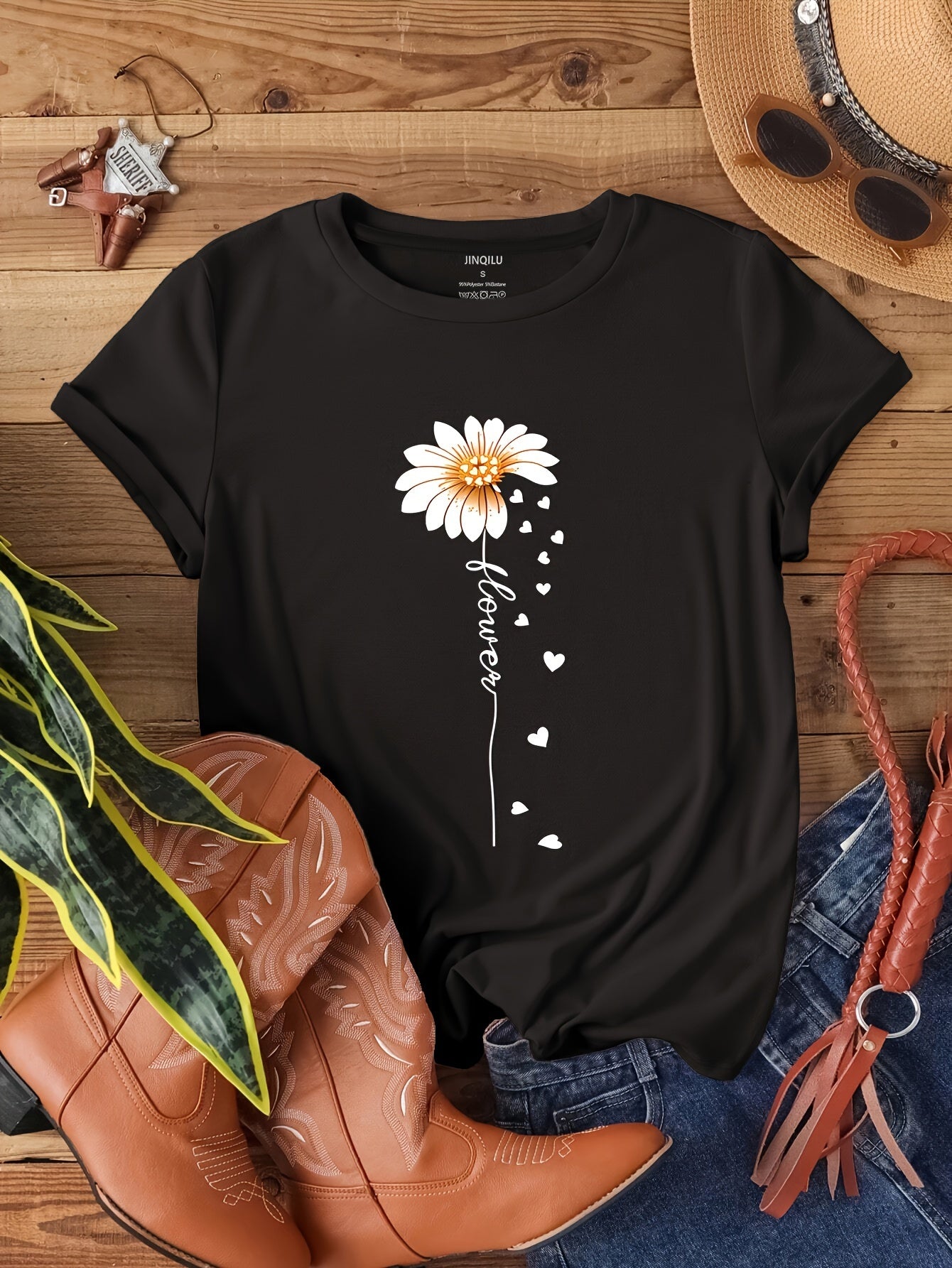 [Valentine's Day Flower Print Tee] Faith Letter & Flower Print T-shirt, Casual Short Sleeve Crew Neck Top, Women's Clothing, Valentine's Day