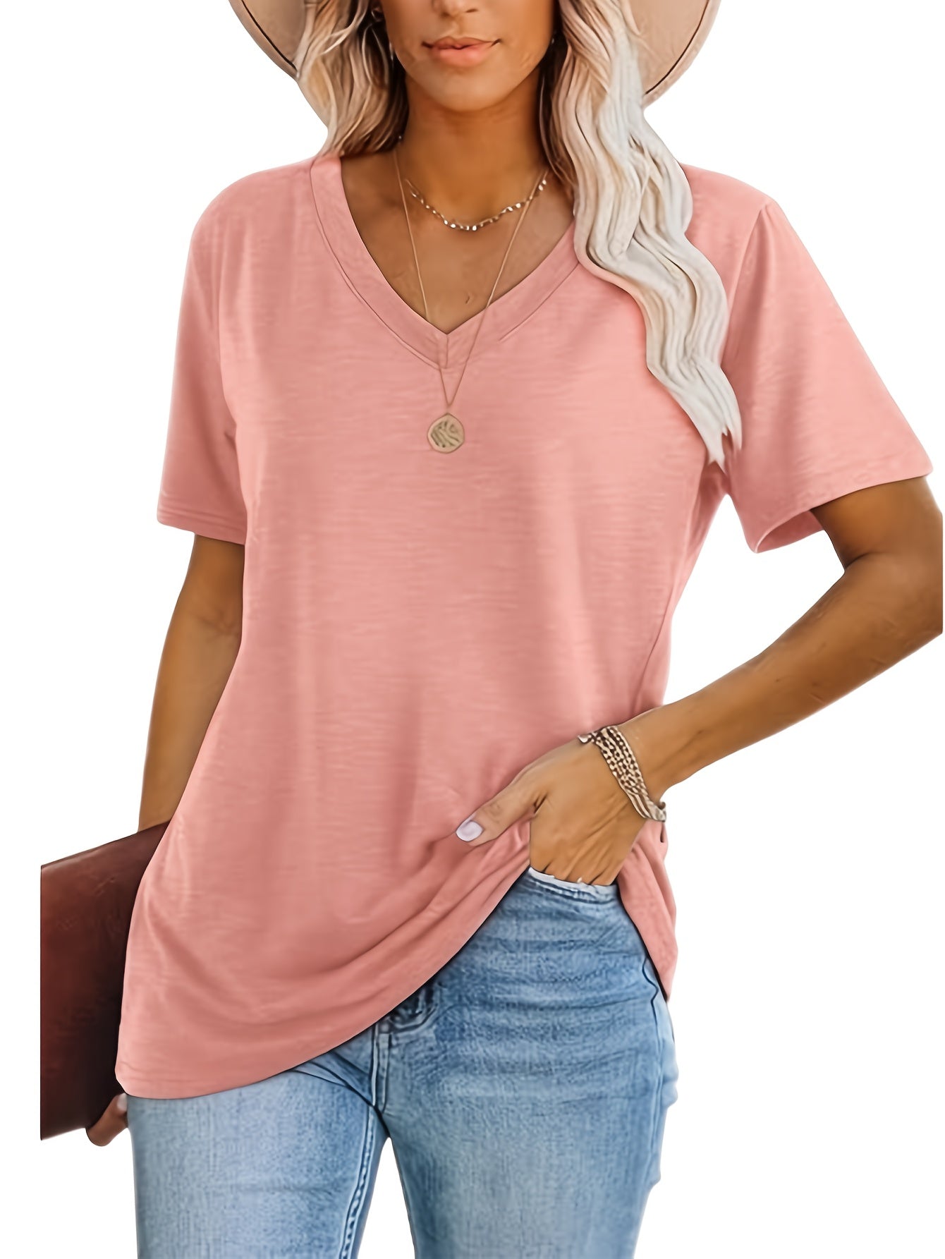 Women'S Casual V-Neck T-Shirt Set - Soft Polyester, Short Sleeve, Solid Color Tops in Black, Teal, and Pink - Perfect for Spring and Summer Outfits, Ladies T Shirts