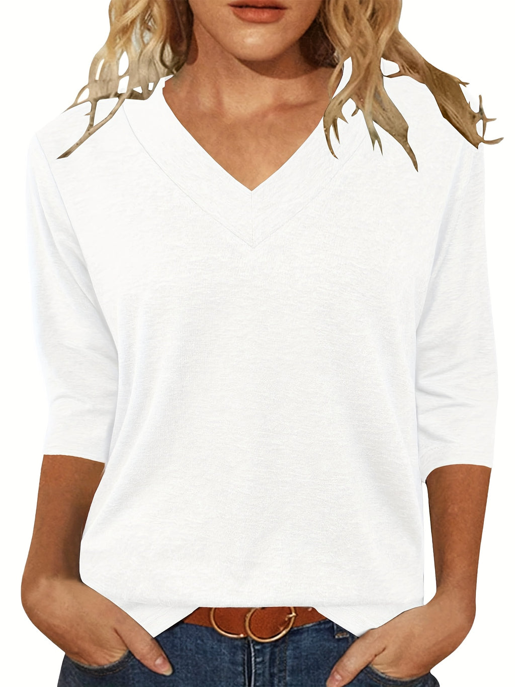 Women'S 3/4 Sleeve V-Neck T-Shirt Set - Casual, Breathable Polyester, Solid Color, All-Season Comfort, Casual Wear|Vneck Top|Polyester Fabric