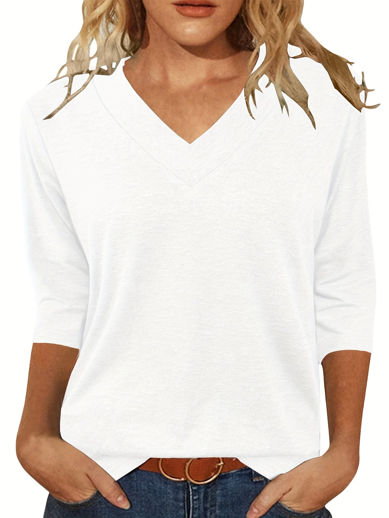 Women'S 3/4 Sleeve V-Neck T-Shirt Set - Casual, Breathable Polyester, Solid Color, All-Season Comfort, Casual Wear|Vneck Top|Polyester Fabric