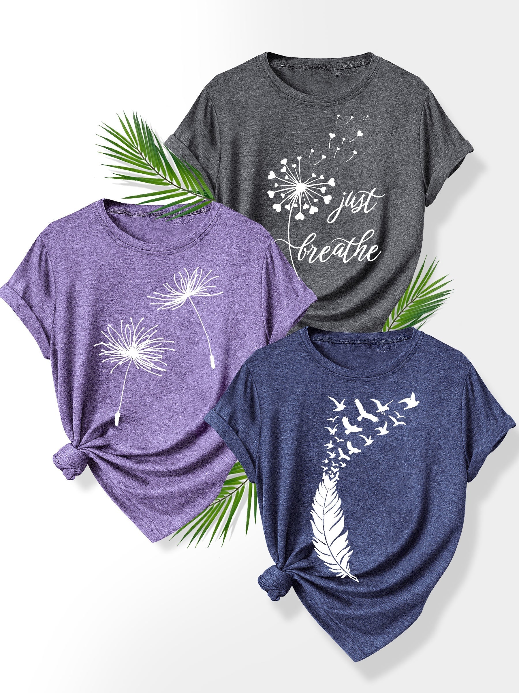 [Summer Floral Tees] 3pcs Set Soft Polyester Blend Floral Print T-Shirts for Women | Casual Summer Short Sleeve Crew Neck Tees, Dandelion, Rose, and Bee Design, Sizes S-XXL, Perfect for Casual Attire, Casual Summer Wear