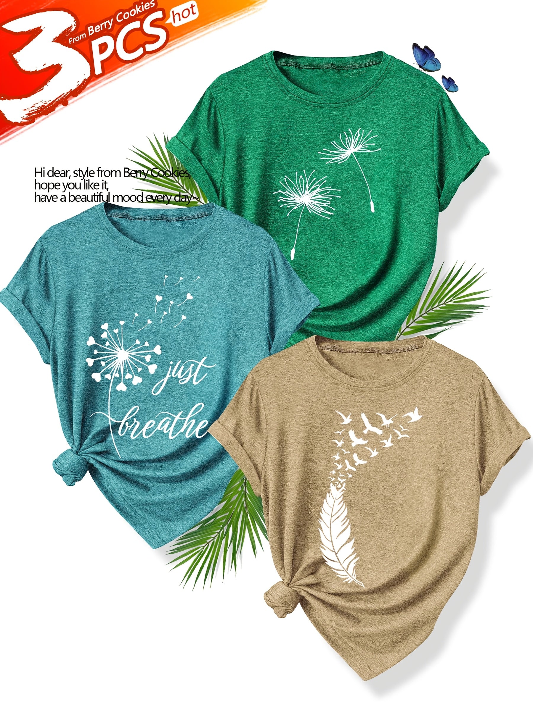 [Summer Floral Tees] 3pcs Set Soft Polyester Blend Floral Print T-Shirts for Women | Casual Summer Short Sleeve Crew Neck Tees, Dandelion, Rose, and Bee Design, Sizes S-XXL, Perfect for Casual Attire, Casual Summer Wear