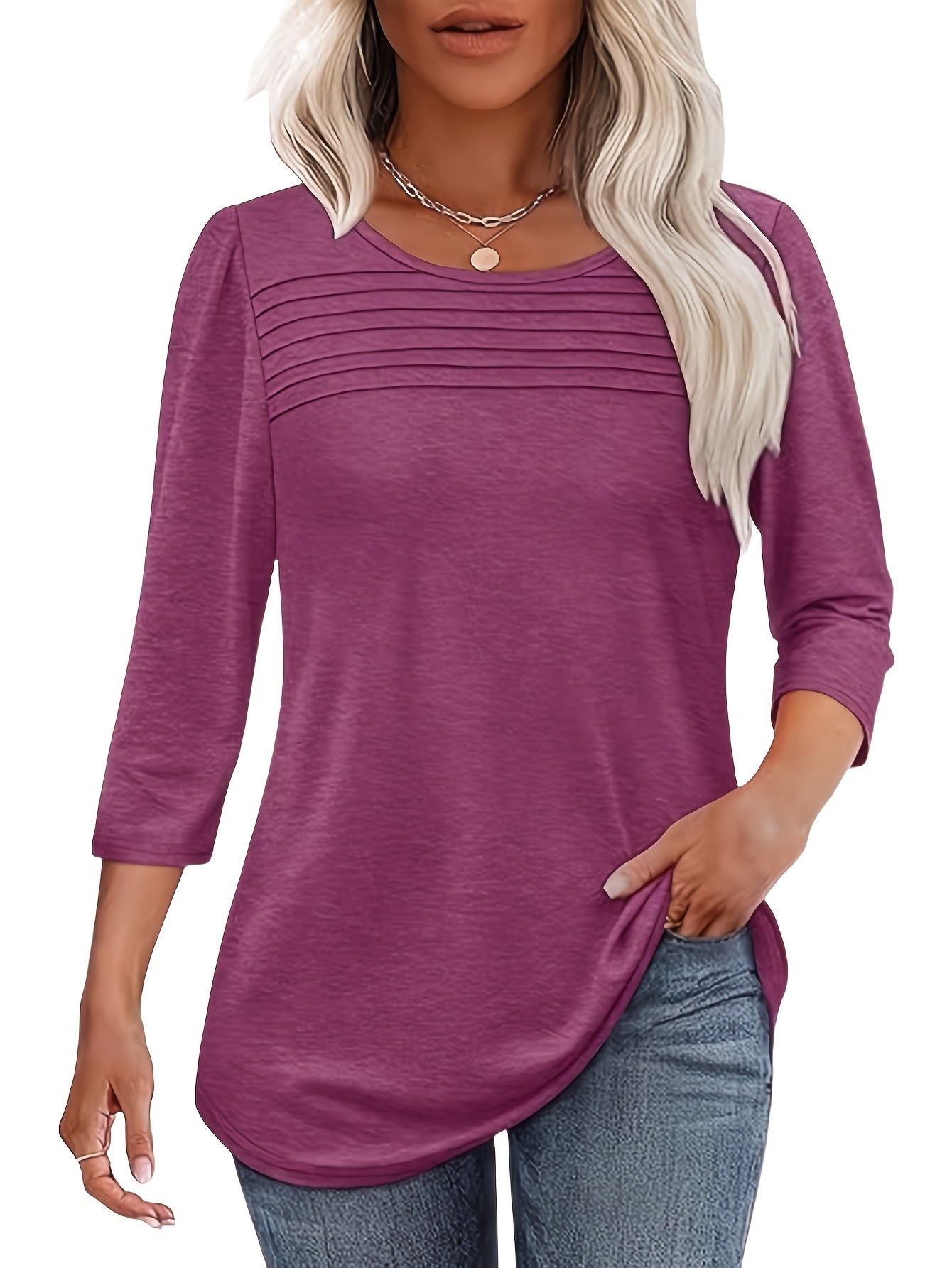 [Elegant T-Shirt] Elegant 3/4 Sleeve Three-Piece Set | 2025 Women's Casual Spring Summer Pleated Front Curved Hem T-Shirt