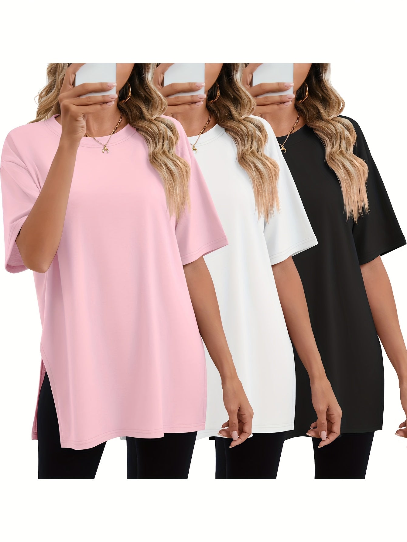 [3pcs Women's T-Shirt] Three-Piece Women's Oversized Casual T-Shirt Set | Short Sleeves, Side Slit, Round Neck, Loose Basic Top