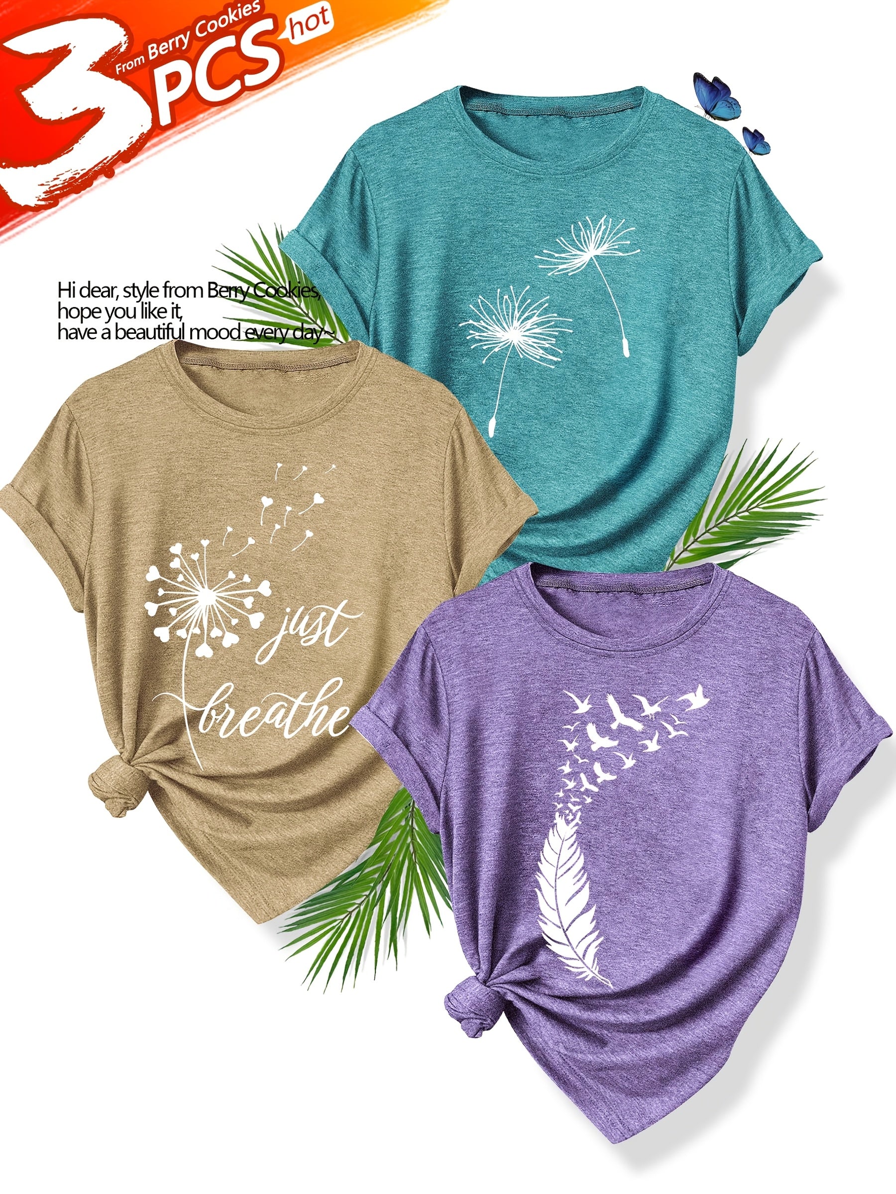 [Summer Floral Tees] 3pcs Set Soft Polyester Blend Floral Print T-Shirts for Women | Casual Summer Short Sleeve Crew Neck Tees, Dandelion, Rose, and Bee Design, Sizes S-XXL, Perfect for Casual Attire, Casual Summer Wear