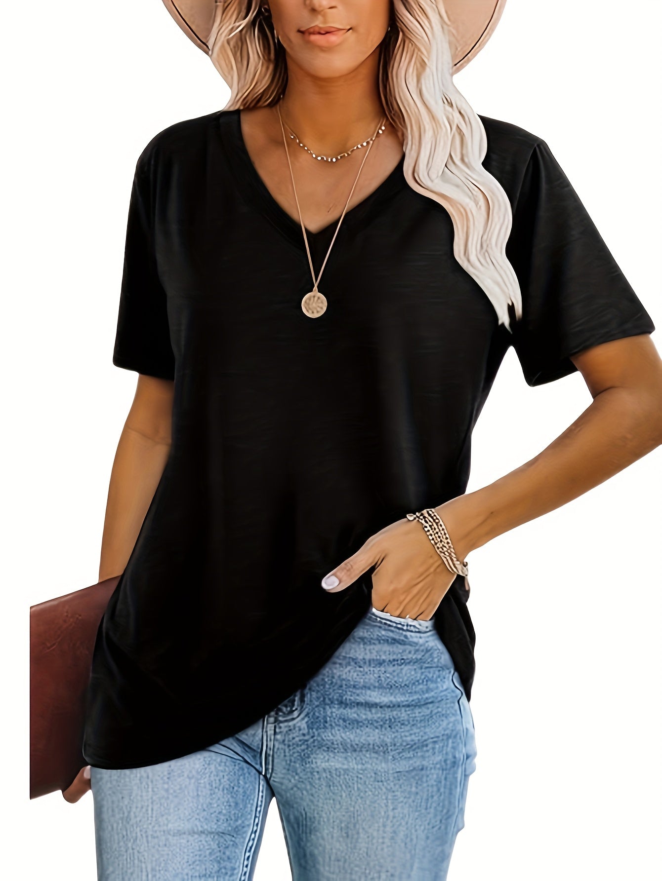 Women'S 3pcs V-Neck Short Sleeve T-Shirts - Casual Loose Fit, Solid Colors (Black, Blue, Pink), Soft Polyester Blend, Machine Washable, All-Season Comfor