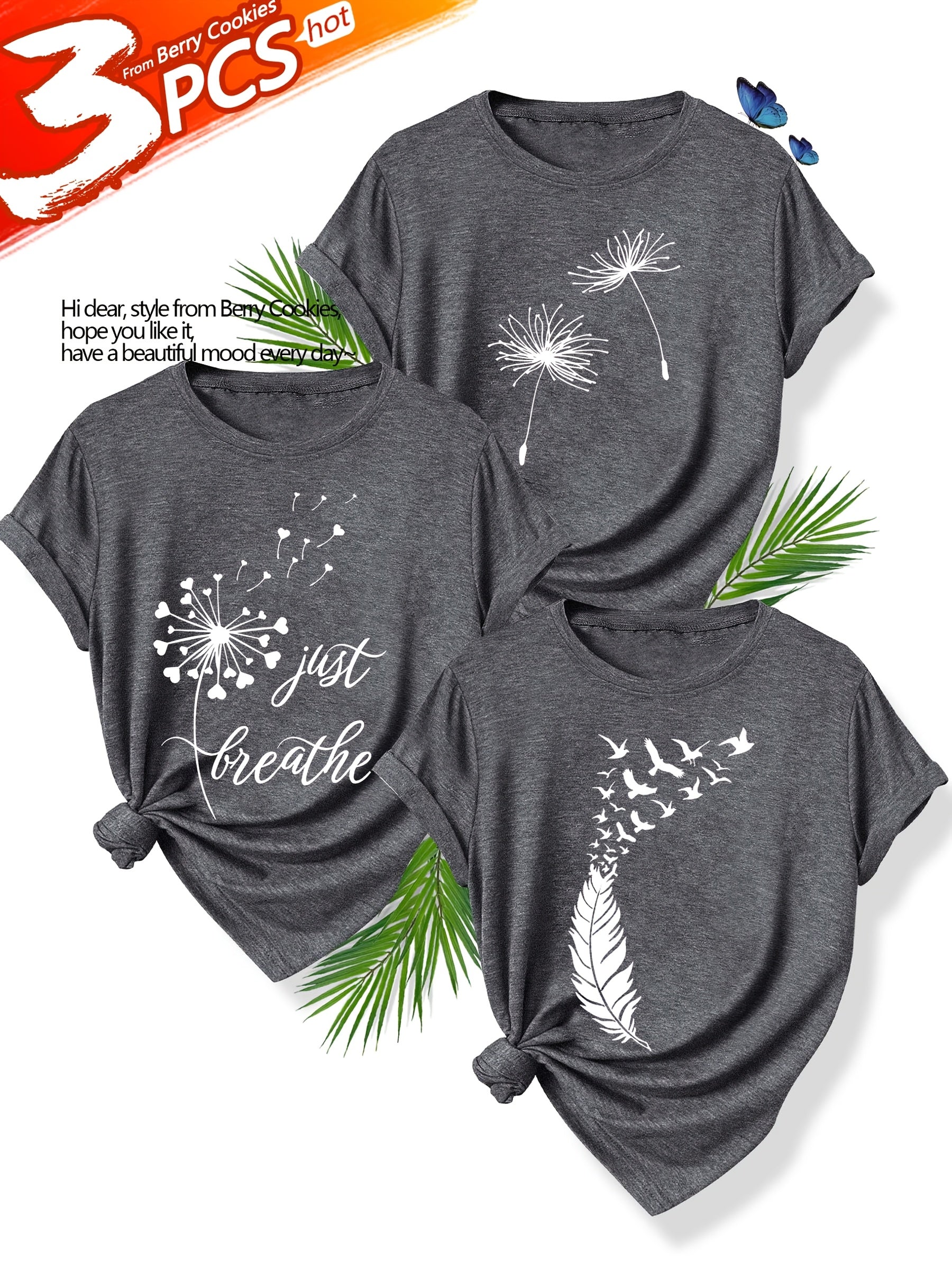 [Summer Floral Tees] 3pcs Set Soft Polyester Blend Floral Print T-Shirts for Women | Casual Summer Short Sleeve Crew Neck Tees, Dandelion, Rose, and Bee Design, Sizes S-XXL, Perfect for Casual Attire, Casual Summer Wear