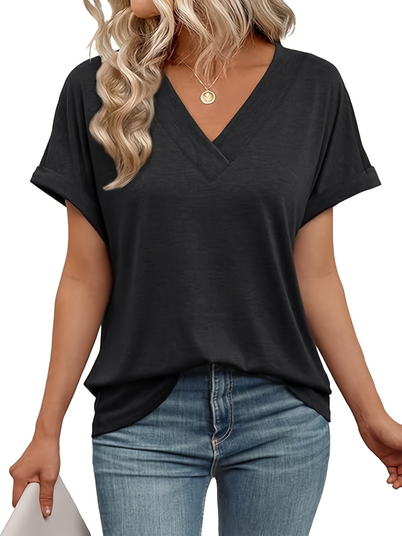 [Women's V-Neck T-Shirt] Women's V-Neck T-Shirt 3pcs Set - Casual Short Sleeve Tops in Black, White, and Gray with "MICHIGAN" Print, Soft Polyester Fabric for Everyday Wear, Ladies T Shirt