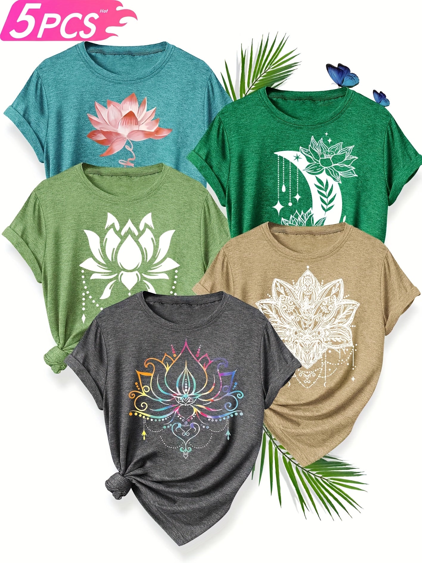 5pcs Women'S Floral Print T-Shirts - Casual Crew Neck, Short Sleeve, Medium Stretch, Vibrant Colors (S-XXL) - Perfect for Spring, Summer &