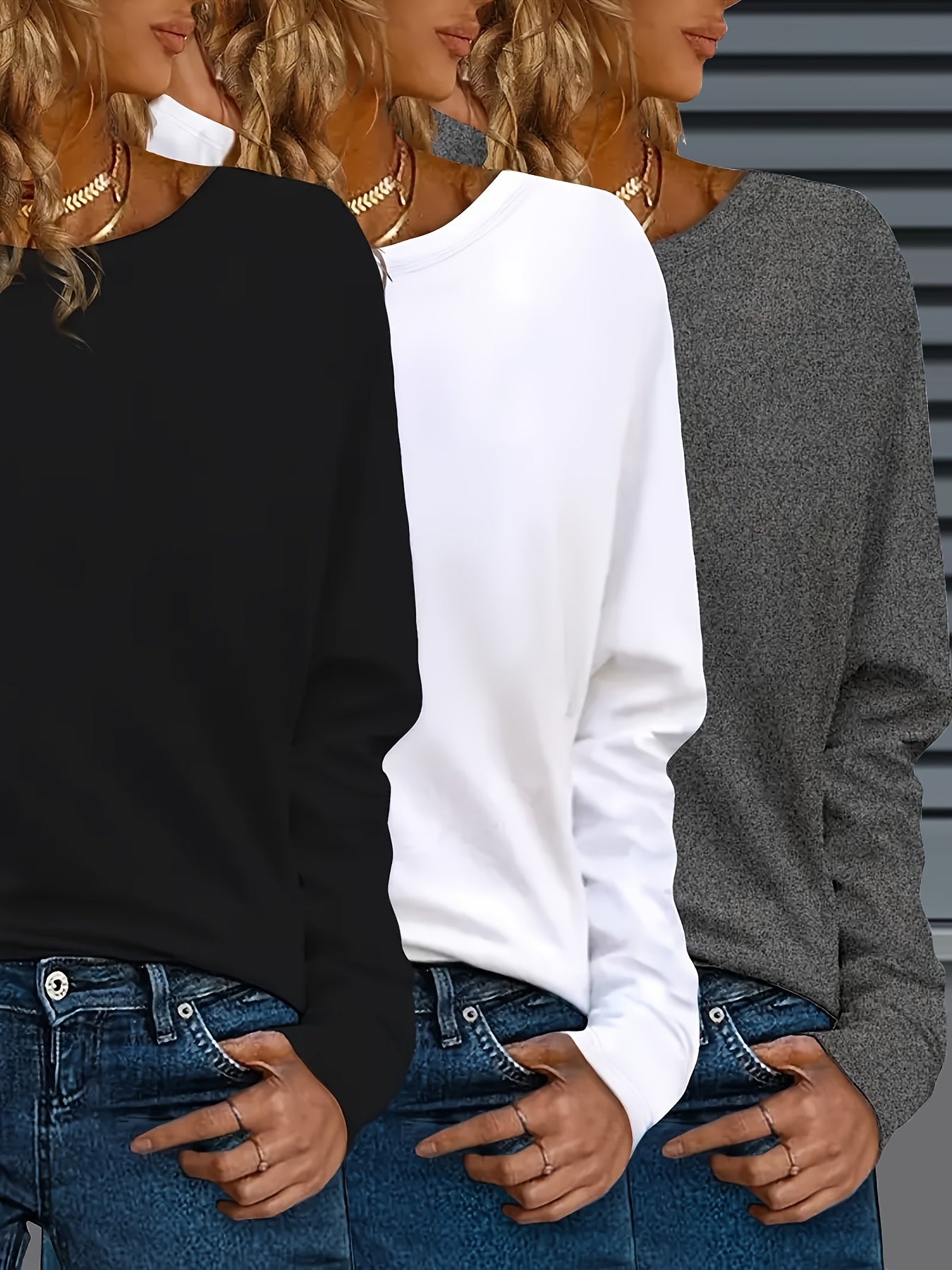 [Polyester T-Shirts] 3-Pack Women's Polyester Crew Neck T-Shirts | Long Sleeve Pullovers with Slight Stretch, Solid Color, Regular Fit for Fall/Winter