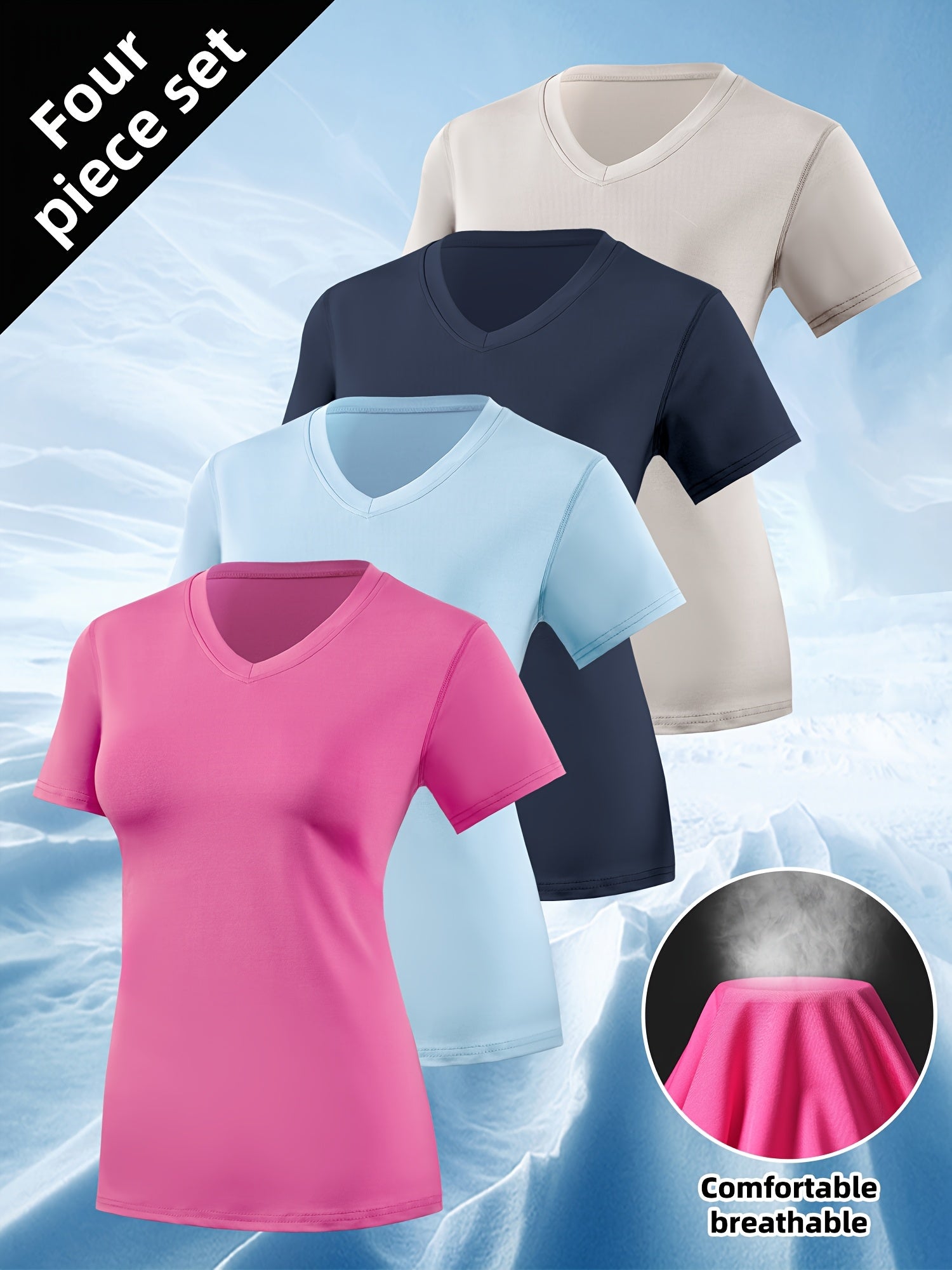 4pcs Women's Sports Running V-Neck Short Sleeve Quick-Dry Fitness Yoga Sweat-Wicking Breathable Slim Fit T-Shirt Set