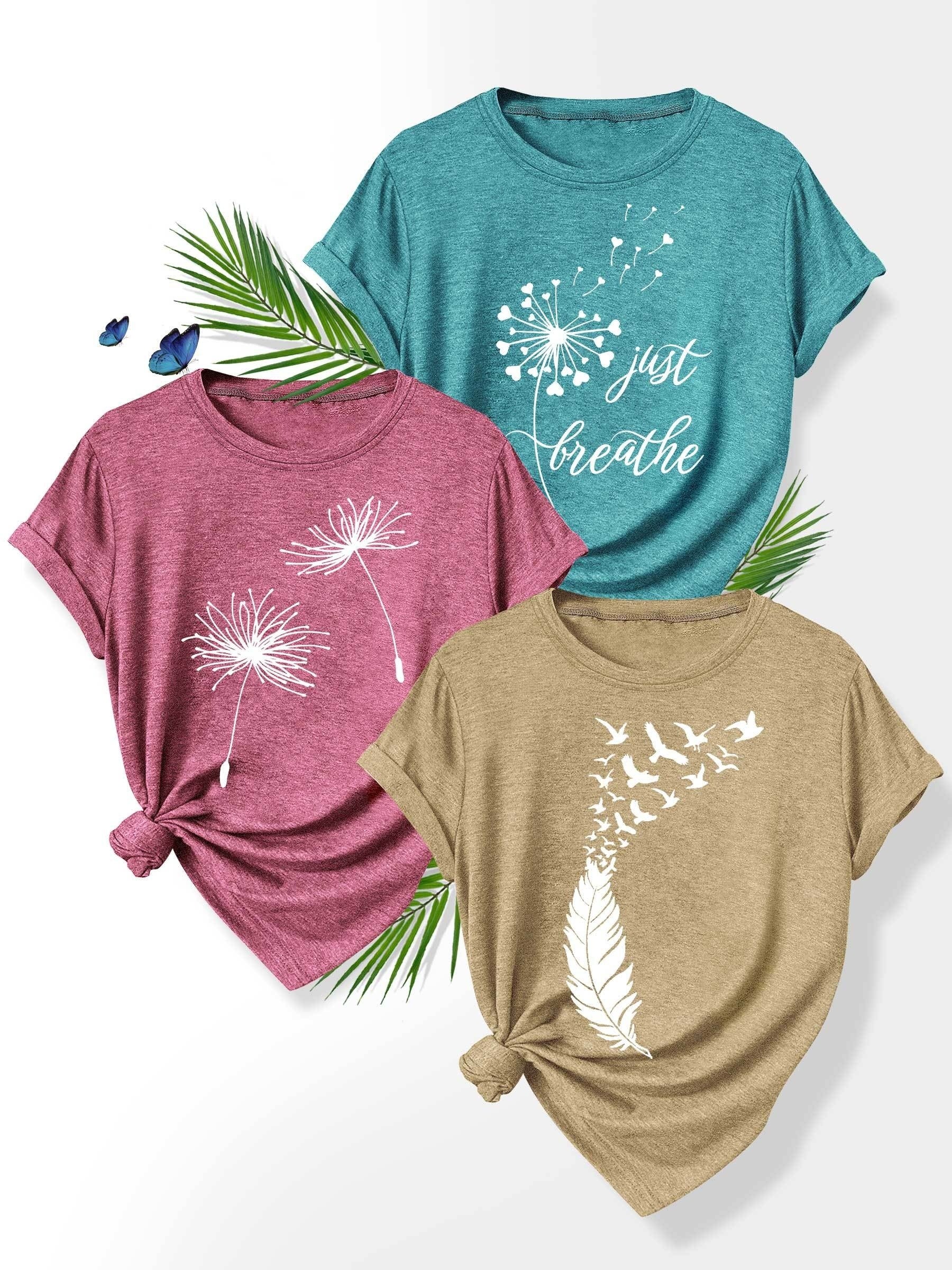 [Summer Floral Tees] 3pcs Set Soft Polyester Blend Floral Print T-Shirts for Women | Casual Summer Short Sleeve Crew Neck Tees, Dandelion, Rose, and Bee Design, Sizes S-XXL, Perfect for Casual Attire, Casual Summer Wear