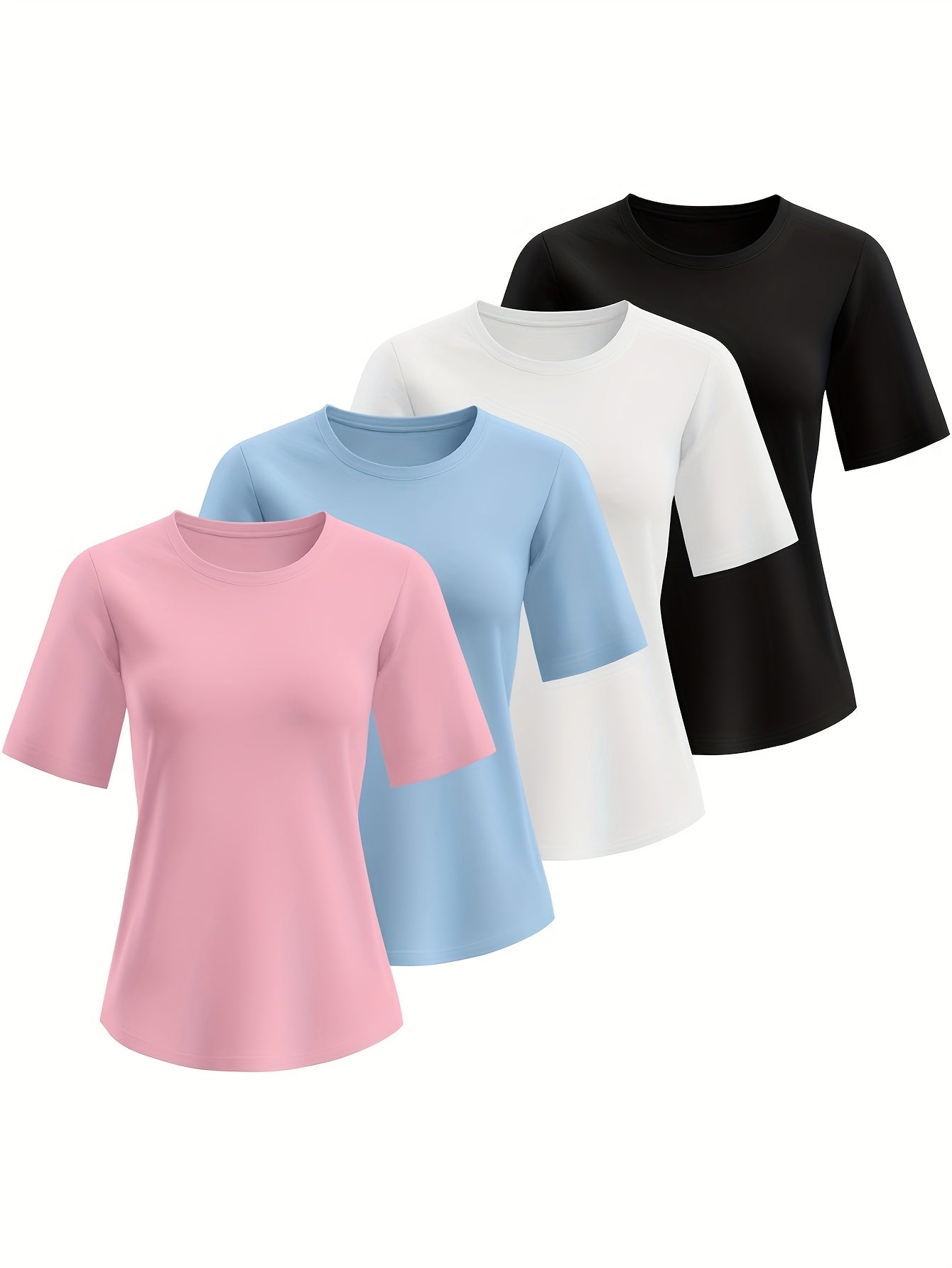 Four-Piece Women'S Short Sleeve Round Neck Basic T-Shirt Set Summer Casual Top