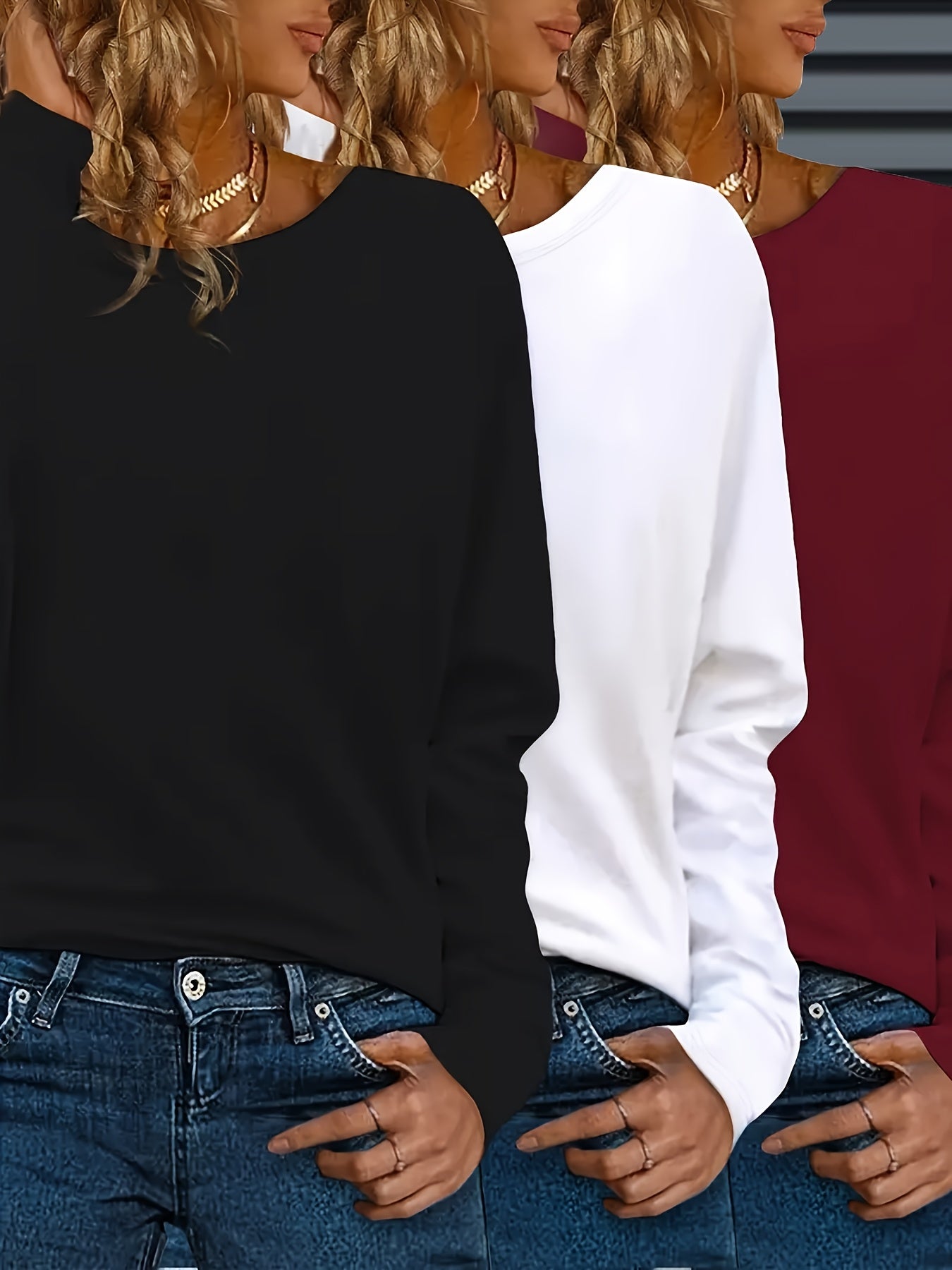 [Polyester T-Shirts] 3-Pack Women's Polyester Crew Neck T-Shirts | Long Sleeve Pullovers with Slight Stretch, Solid Color, Regular Fit for Fall/Winter