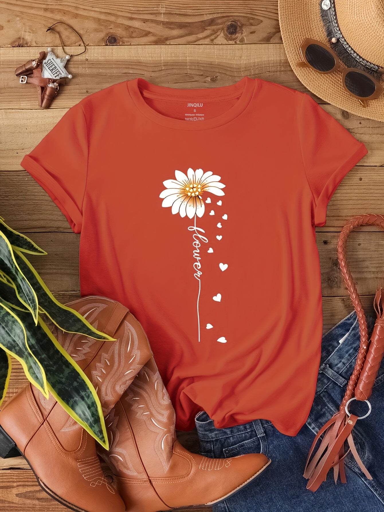 [Valentine's Day Flower Print Tee] Faith Letter & Flower Print T-shirt, Casual Short Sleeve Crew Neck Top, Women's Clothing, Valentine's Day
