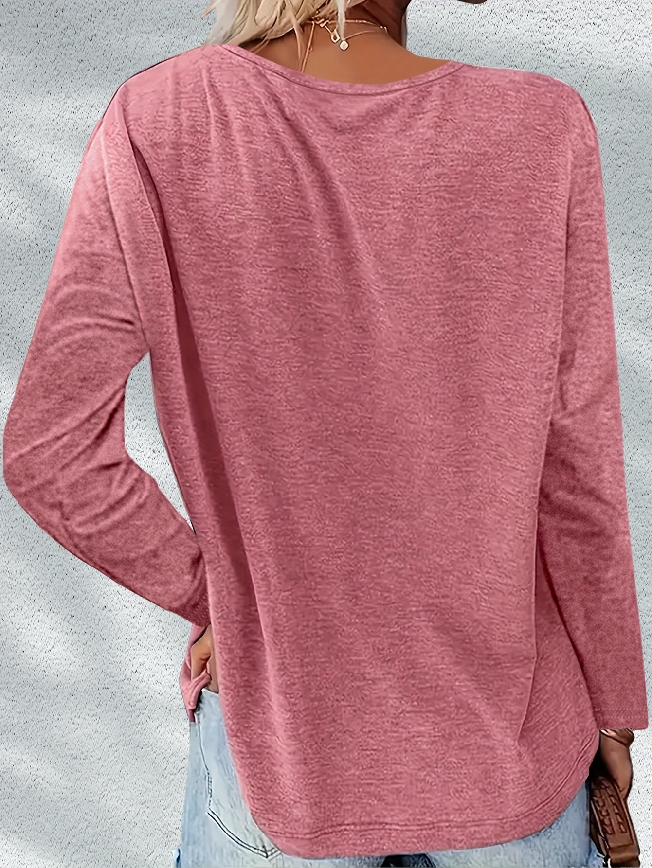Women'S Casual V-Neck Long Sleeve T-Shirts - Soft Stretch, Solid Color, 3 Colors (Pink, Olive Green, Brown), All-Season Comfort Fit, Ladies T Shirts