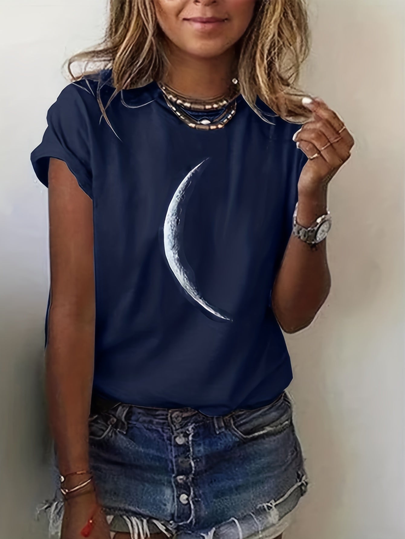 [Casual T-Shirt] Casual Moon Print Crew Neck T-Shirt | Women's Short Sleeve T-Shirt For Spring & Summer