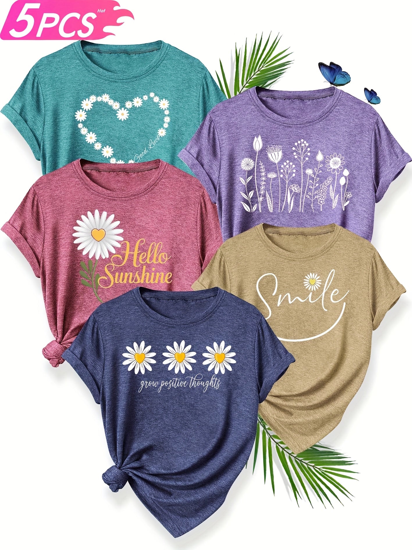 [Soft T-Shirts] 5pcs Soft Stretch Women's Casual Crew Neck Short Sleeve T-Shirts | Floral, Heart, and Smile Print Designs in Purple, Green, Pink, and Blue - Plus Sizes Available, Comfortable Fit Tee