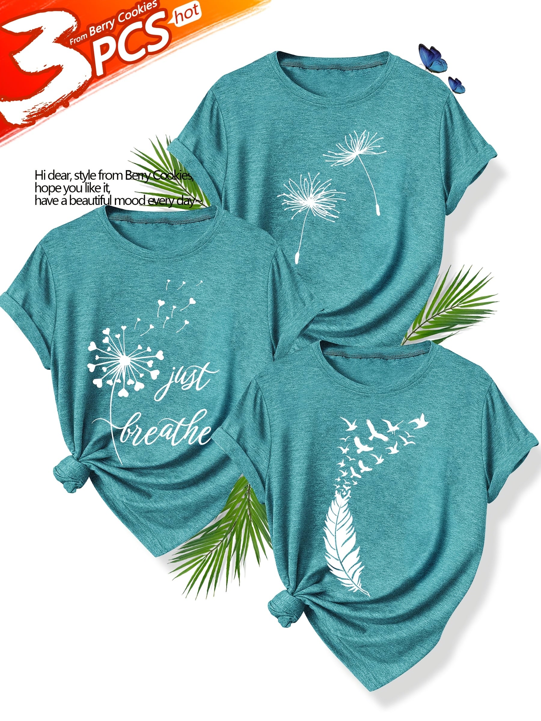 [Summer Floral Tees] 3pcs Set Soft Polyester Blend Floral Print T-Shirts for Women | Casual Summer Short Sleeve Crew Neck Tees, Dandelion, Rose, and Bee Design, Sizes S-XXL, Perfect for Casual Attire, Casual Summer Wear